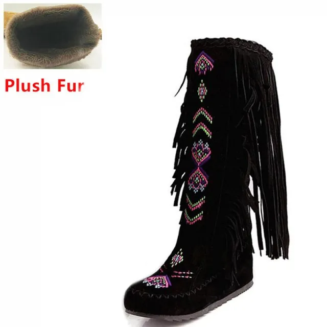 Fashion Flock Leather Women Flat  Long Boots