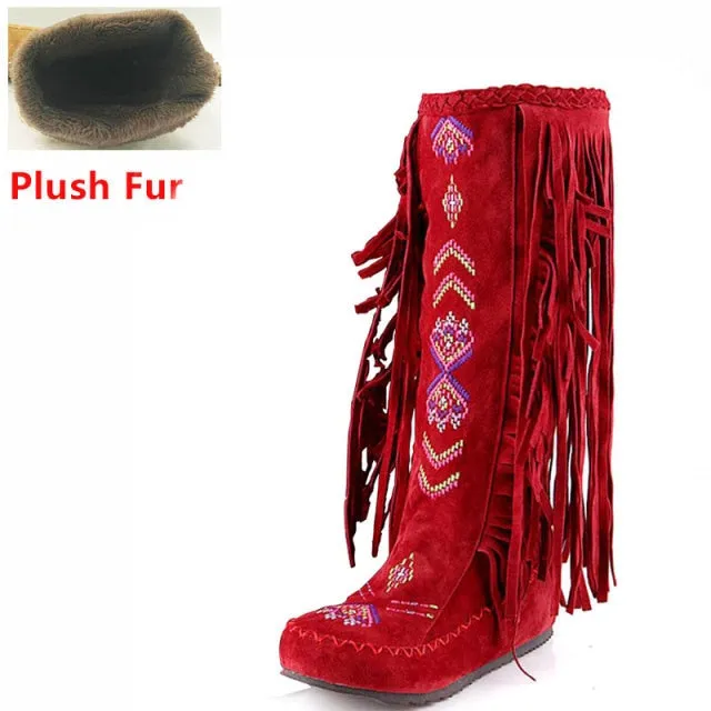 Fashion Flock Leather Women Flat  Long Boots