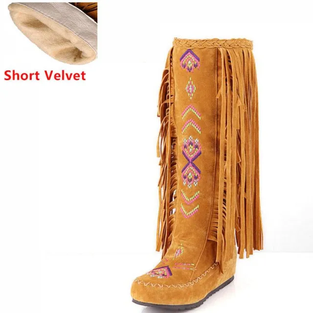 Fashion Flock Leather Women Flat  Long Boots
