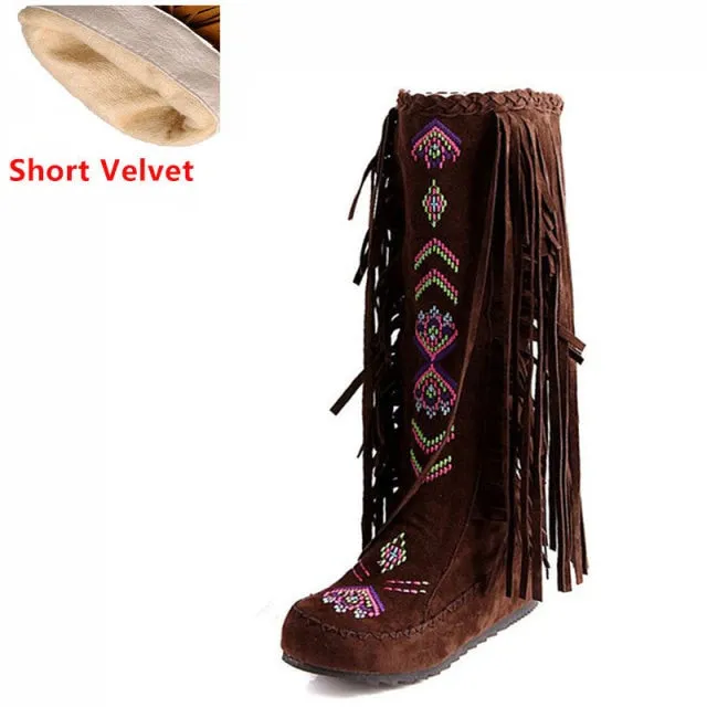 Fashion Flock Leather Women Flat  Long Boots