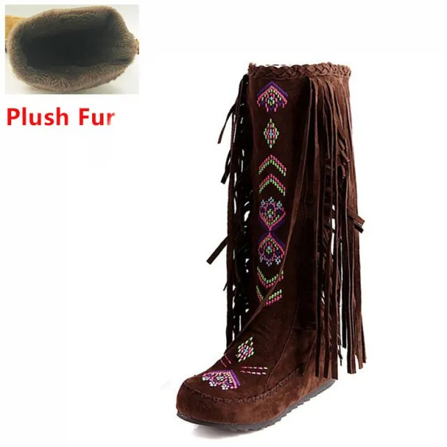 Fashion Flock Leather Women Flat  Long Boots