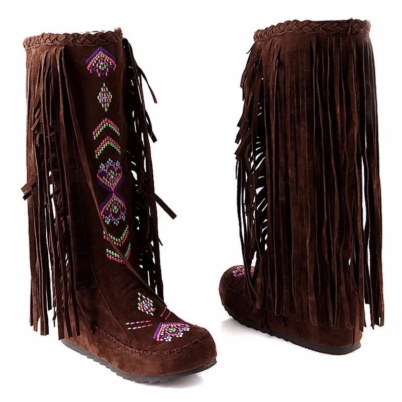 Fashion Flock Leather Women Flat  Long Boots