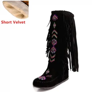 Fashion Flock Leather Women Flat  Long Boots