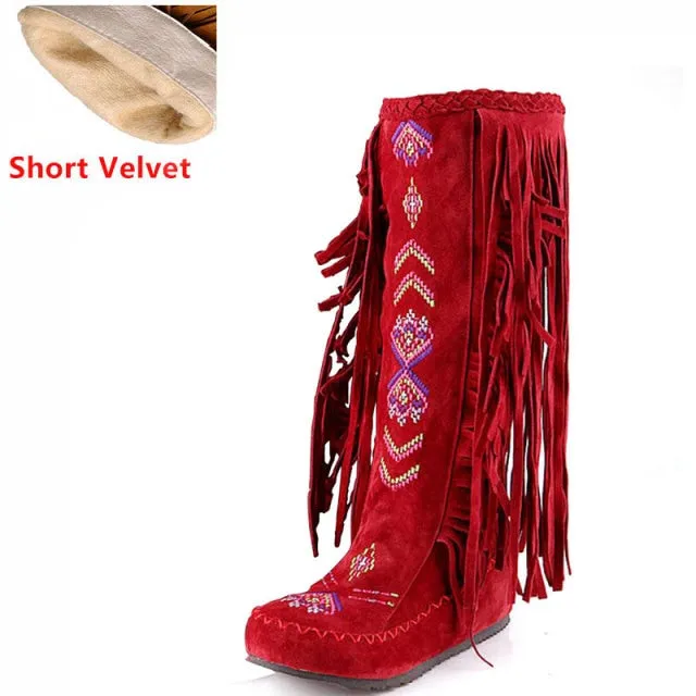 Fashion Flock Leather Women Flat  Long Boots