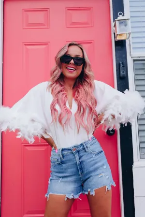 Follow My Lead Feather Sleeve Bodysuit - White