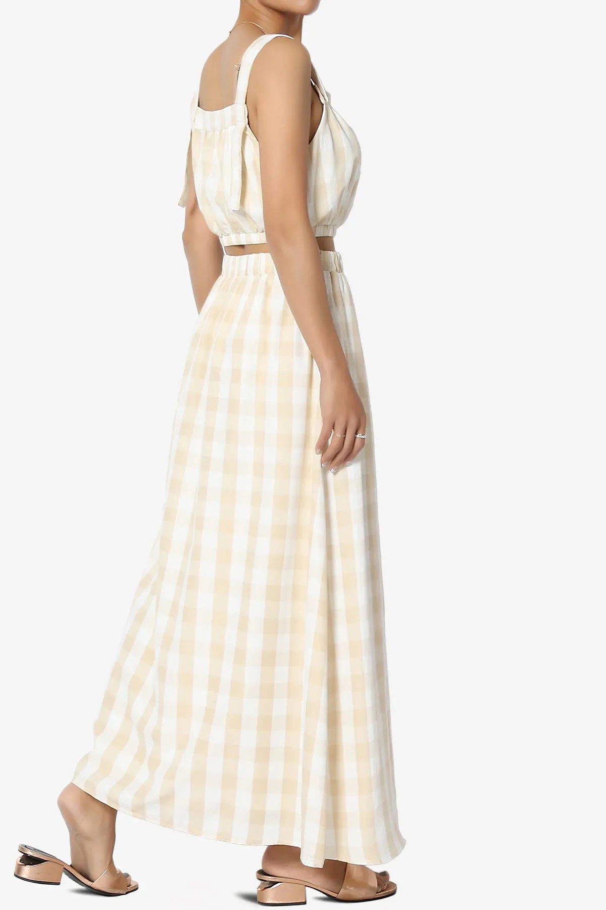 Hamiss Gingham Crop Top & Flare Skirt Set in Taupe