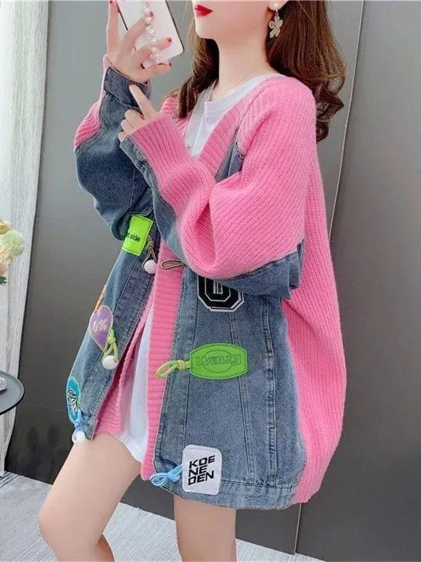 Joskaa Denim Patchwork Knit Sweater Cardigans (with Boot Options)