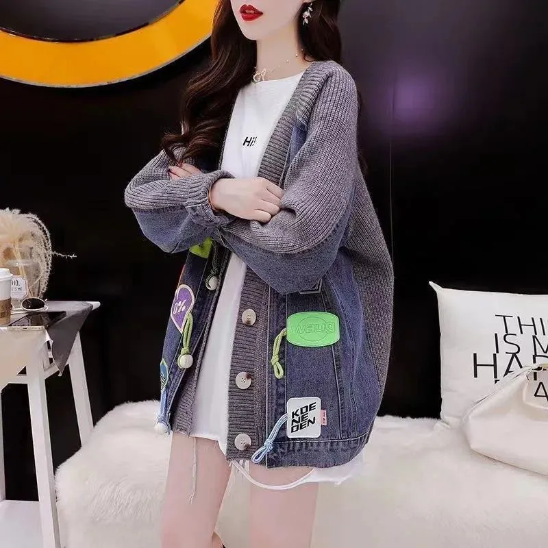 Joskaa Denim Patchwork Knit Sweater Cardigans (with Boot Options)