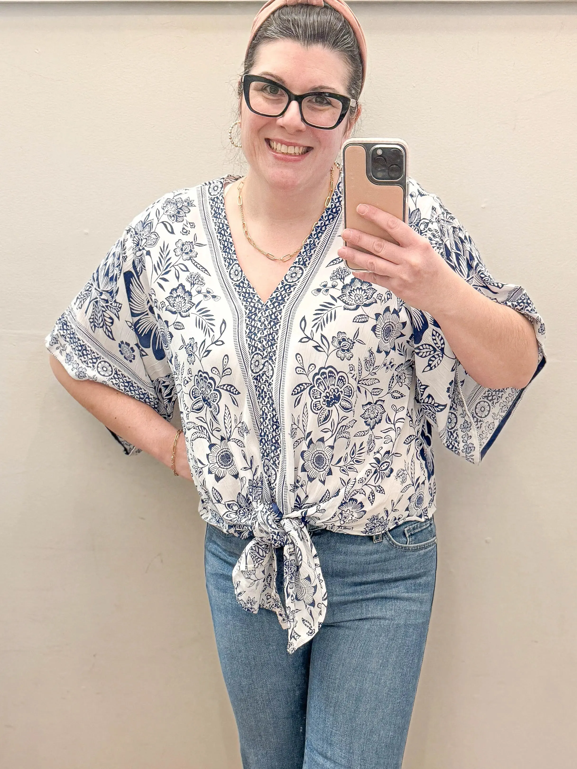 Kimono Sleeve Tie Waist Grecian Floral Blouse White/Blue