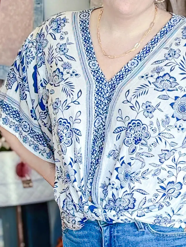 Kimono Sleeve Tie Waist Grecian Floral Blouse White/Blue