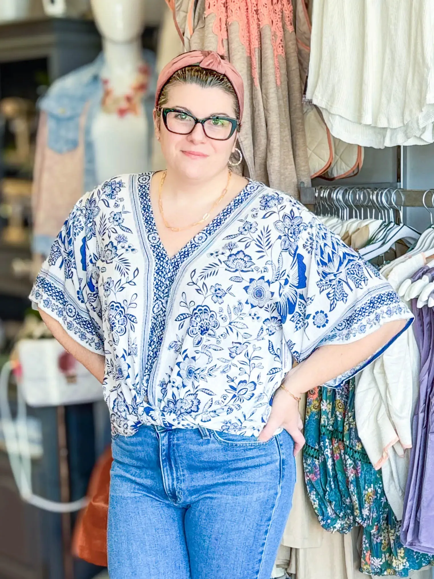 Kimono Sleeve Tie Waist Grecian Floral Blouse White/Blue