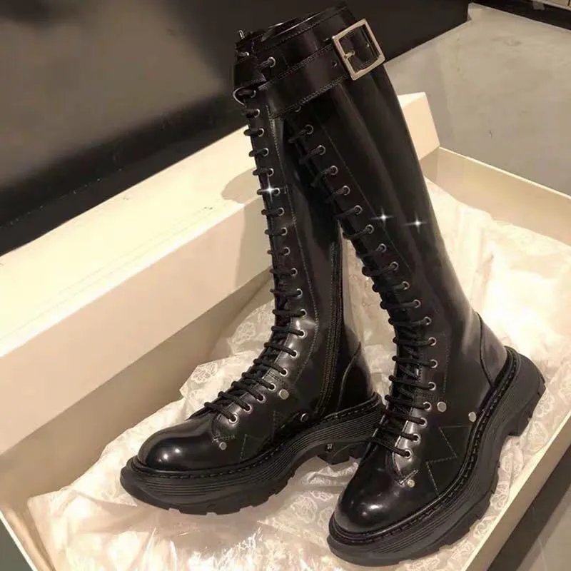 Leather Women's Knee High Boots 2020 Brand Design Winter Lace up Women Platform Boot Spring Ladies Chunky Shoes