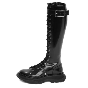 Leather Women's Knee High Boots 2020 Brand Design Winter Lace up Women Platform Boot Spring Ladies Chunky Shoes