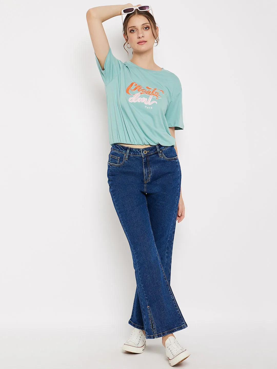 Madame Crew Neck Green Printed T-Shirt