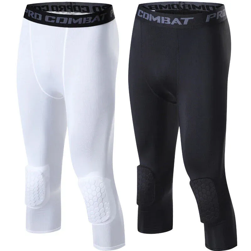Men's Basketball Sports Tight Pants 3/4 Compression Workout Leggings Knee Pads