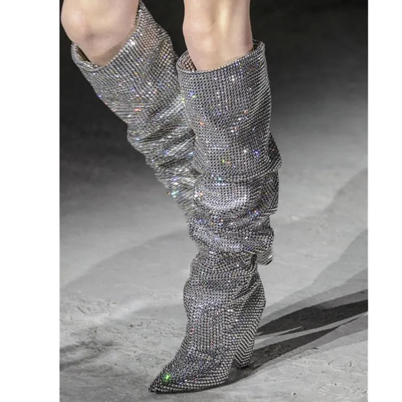 New Luxury Crystal Shoes Woman Pointed Toe Knee High Boots Sexy Rhinestone Chunky Spike Heel Boots Ladies Botas Mujer