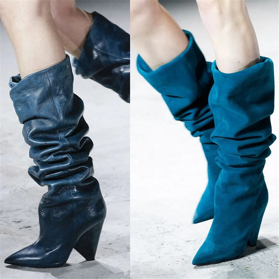 New Luxury Crystal Shoes Woman Pointed Toe Knee High Boots Sexy Rhinestone Chunky Spike Heel Boots Ladies Botas Mujer