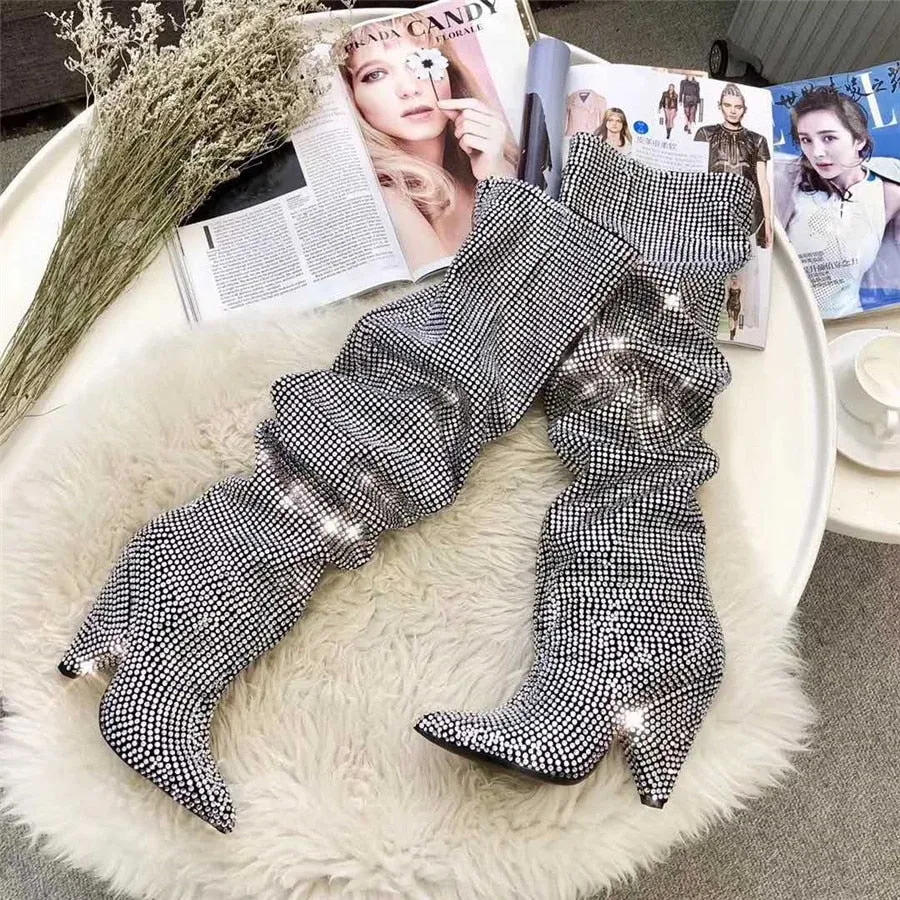 New Luxury Crystal Shoes Woman Pointed Toe Knee High Boots Sexy Rhinestone Chunky Spike Heel Boots Ladies Botas Mujer