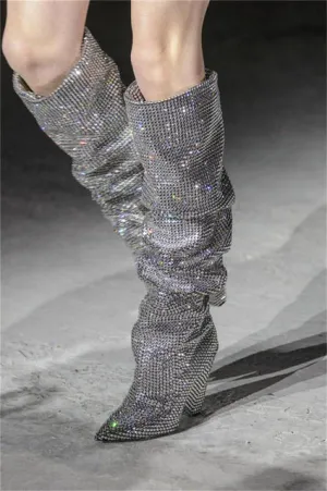 New Luxury Crystal Shoes Woman Pointed Toe Knee High Boots Sexy Rhinestone Chunky Spike Heel Boots Ladies Botas Mujer
