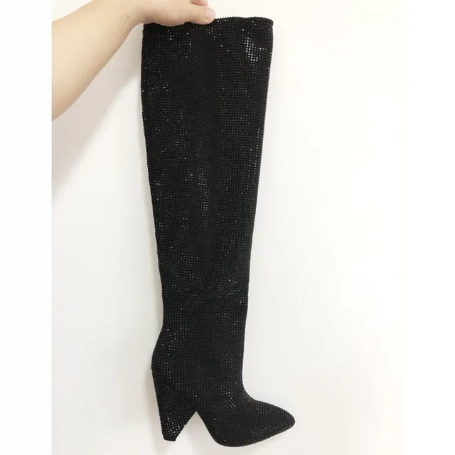New Luxury Crystal Shoes Woman Pointed Toe Knee High Boots Sexy Rhinestone Chunky Spike Heel Boots Ladies Botas Mujer