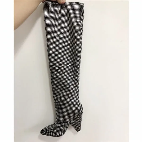 New Luxury Crystal Shoes Woman Pointed Toe Knee High Boots Sexy Rhinestone Chunky Spike Heel Boots Ladies Botas Mujer