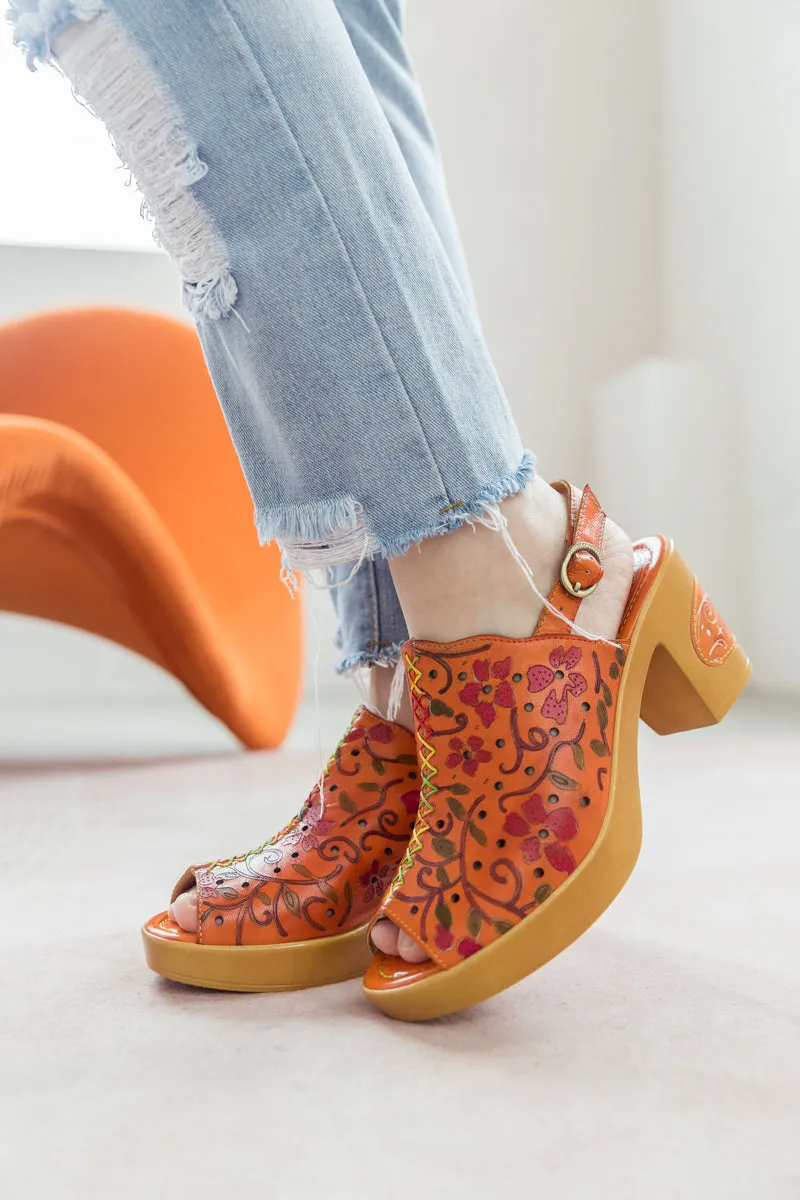 Orange Floral Embossed Perforated Leather Sandal