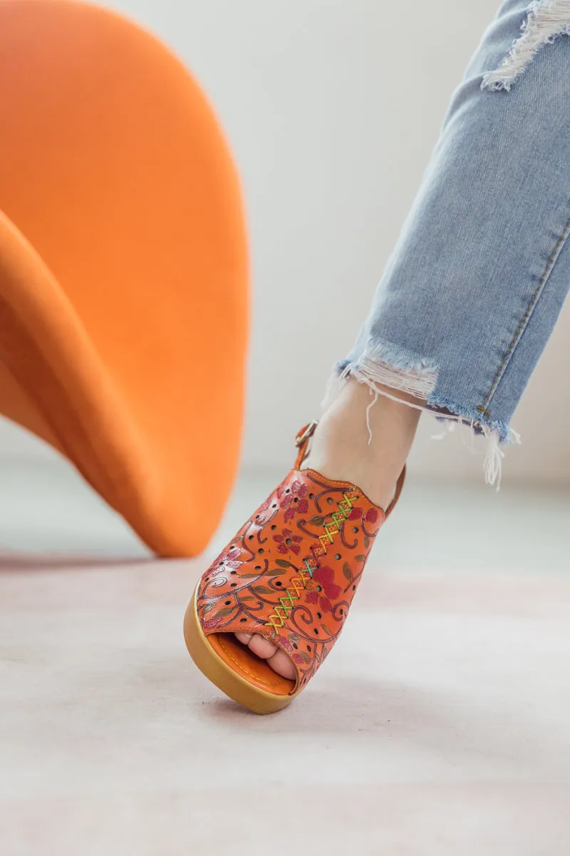 Orange Floral Embossed Perforated Leather Sandal