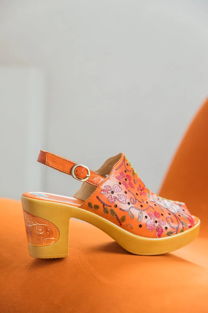Orange Floral Embossed Perforated Leather Sandal