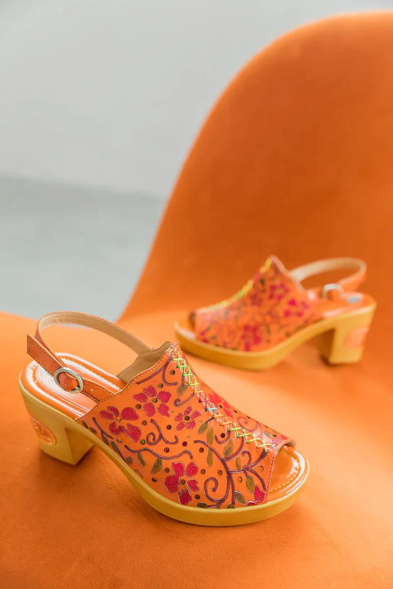 Orange Floral Embossed Perforated Leather Sandal