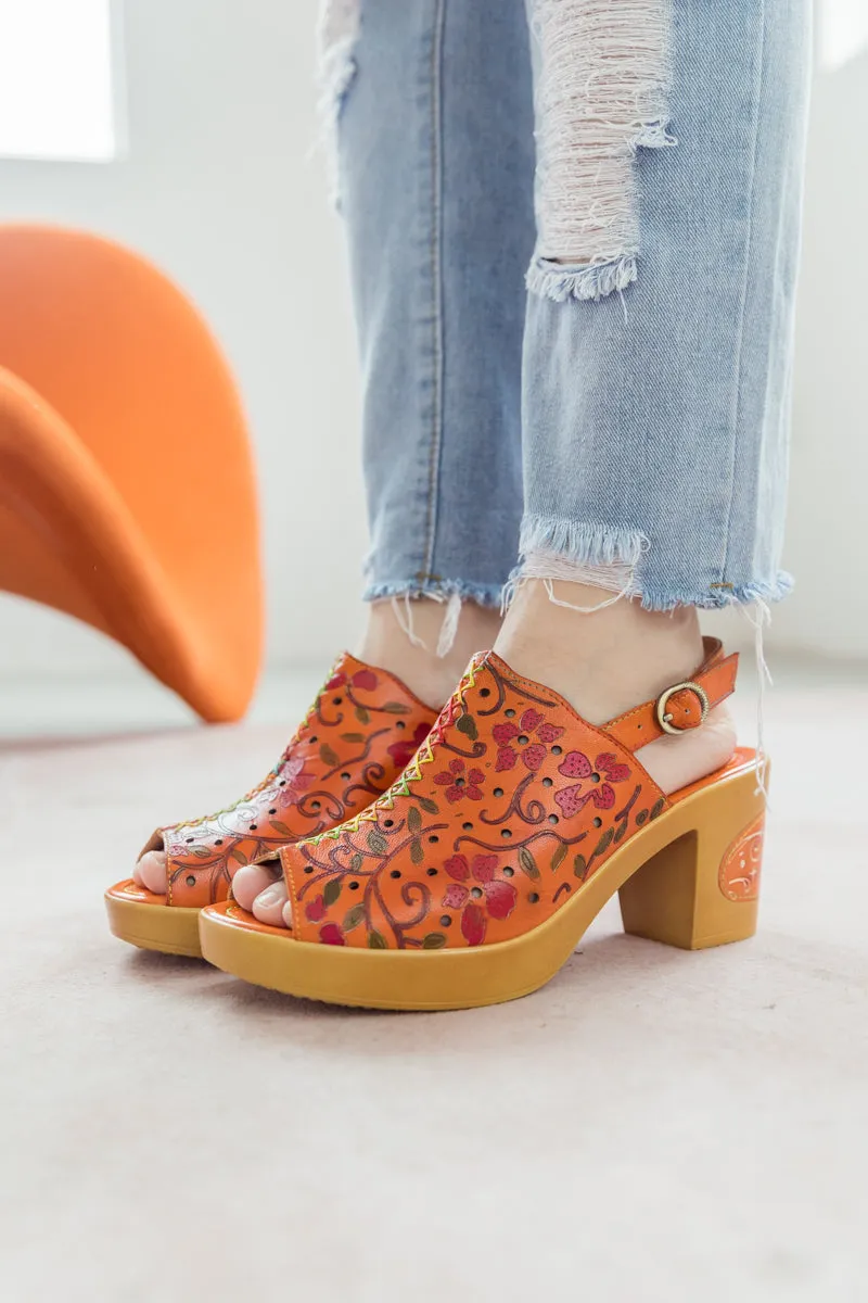 Orange Floral Embossed Perforated Leather Sandal