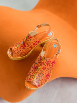 Orange Floral Embossed Perforated Leather Sandal