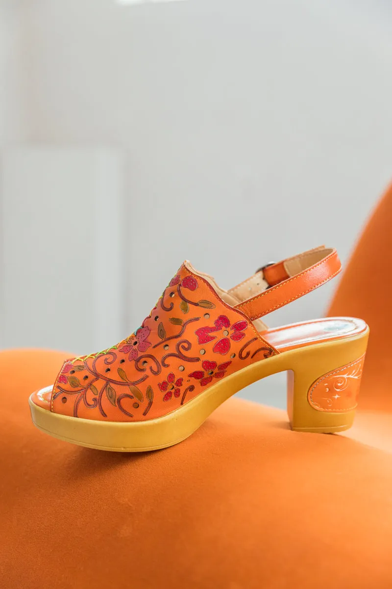 Orange Floral Embossed Perforated Leather Sandal
