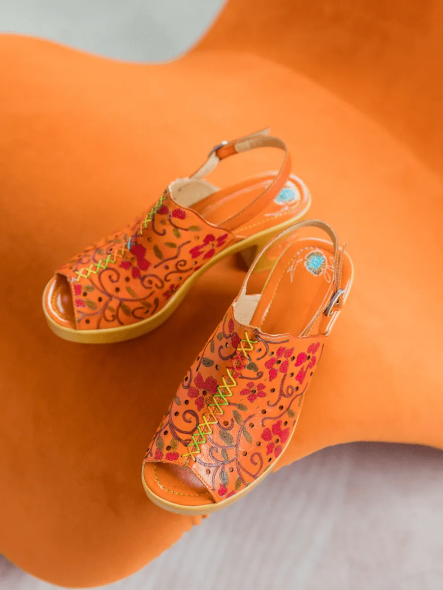 Orange Floral Embossed Perforated Leather Sandal