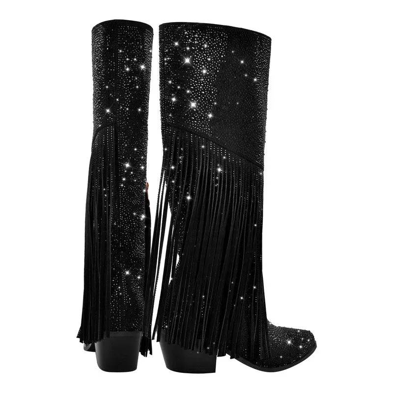 Pointed Toe Rhinestone Tassel Chunky Heel Western Boots