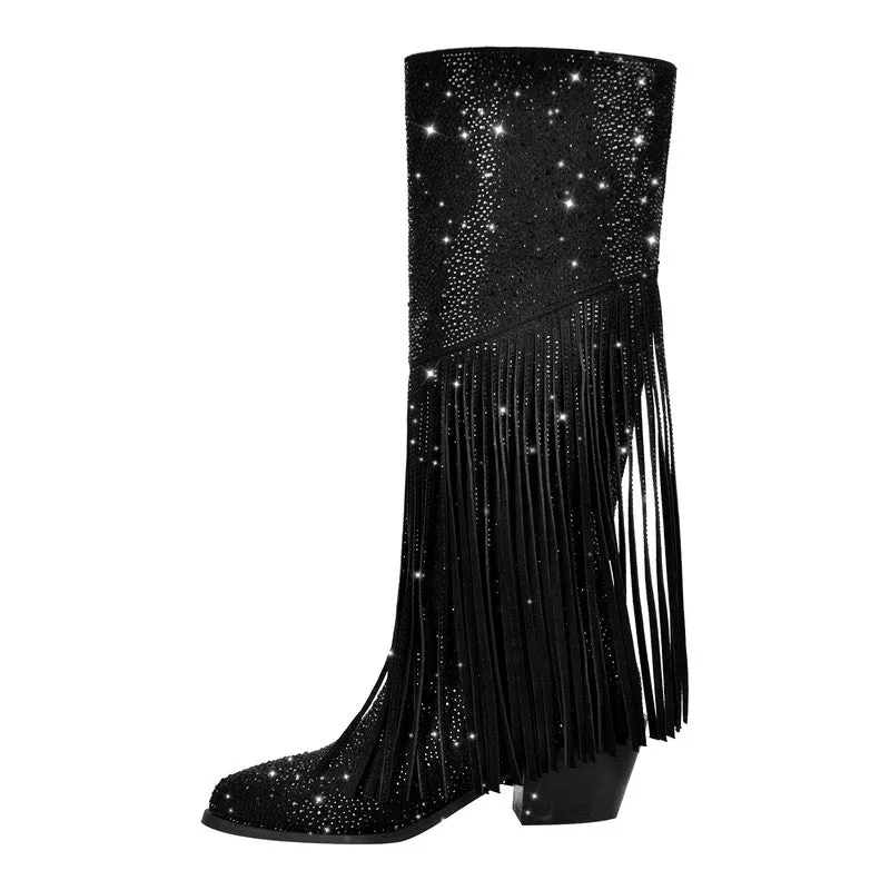 Pointed Toe Rhinestone Tassel Chunky Heel Western Boots