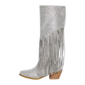 Pointed Toe Rhinestone Tassel Chunky Heel Western Boots