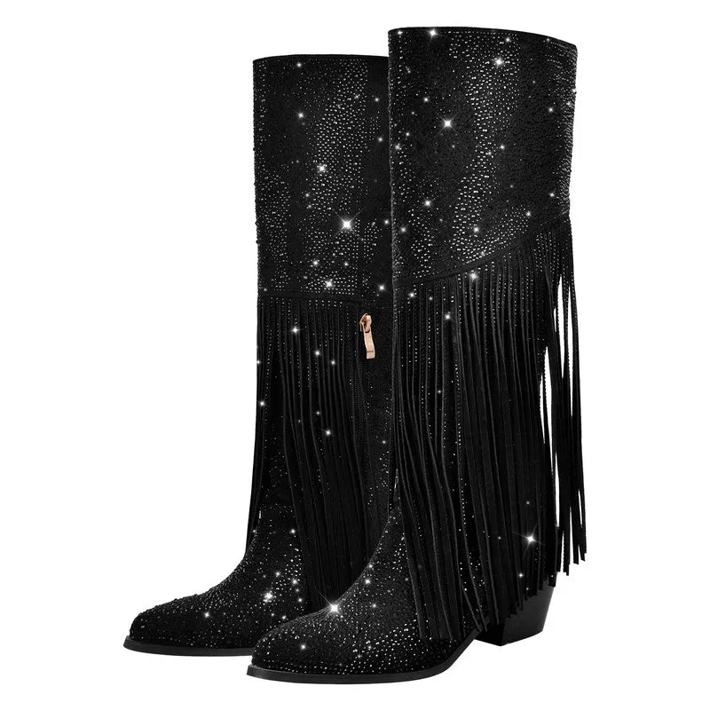 Pointed Toe Rhinestone Tassel Chunky Heel Western Boots