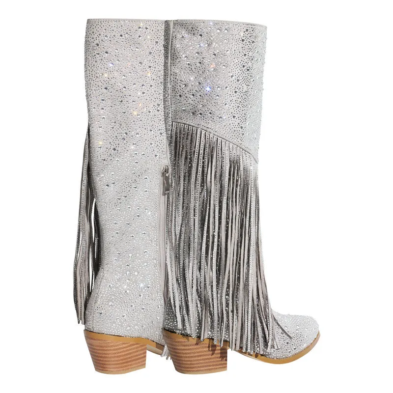 Pointed Toe Rhinestone Tassel Chunky Heel Western Boots