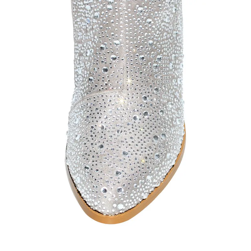 Pointed Toe Rhinestone Tassel Chunky Heel Western Boots