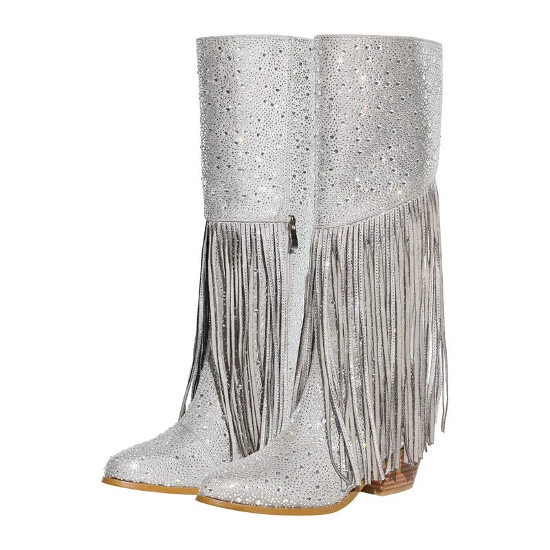 Pointed Toe Rhinestone Tassel Chunky Heel Western Boots