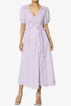 Rena Embroidered Eyelet Ruffle Midi Dress in Lavender