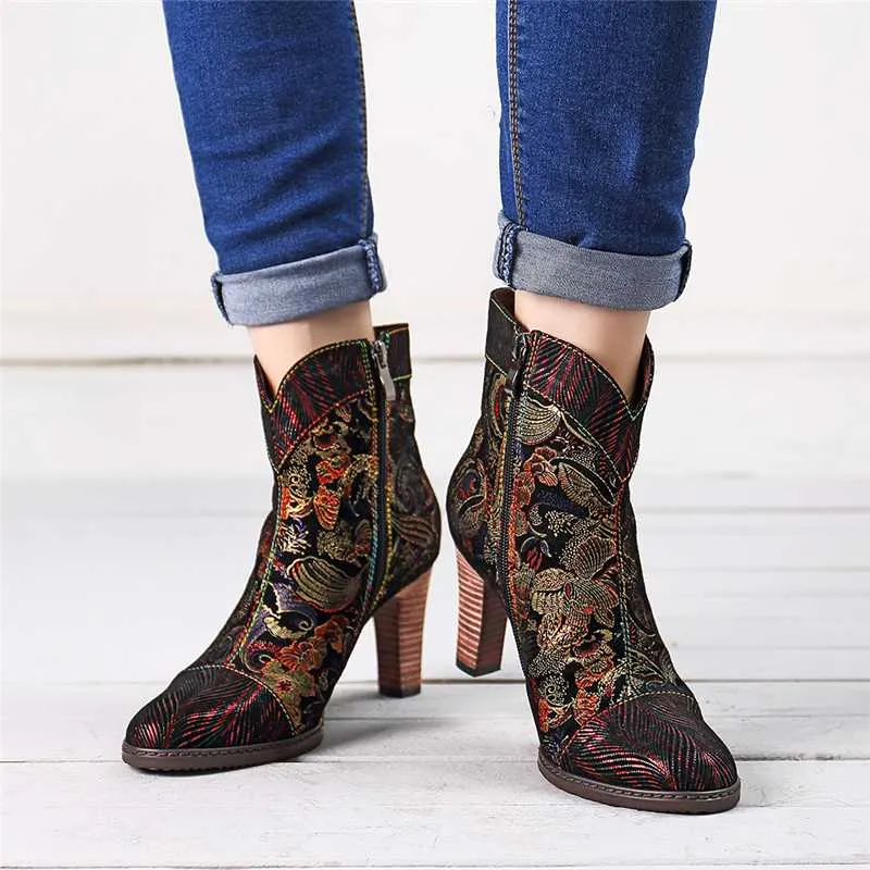 Retro Printed Sheep Women Boots Leather Boots Women Shoes Woman Vintage Block High Heels 8cm Ankle BootsZapatos De Mujer