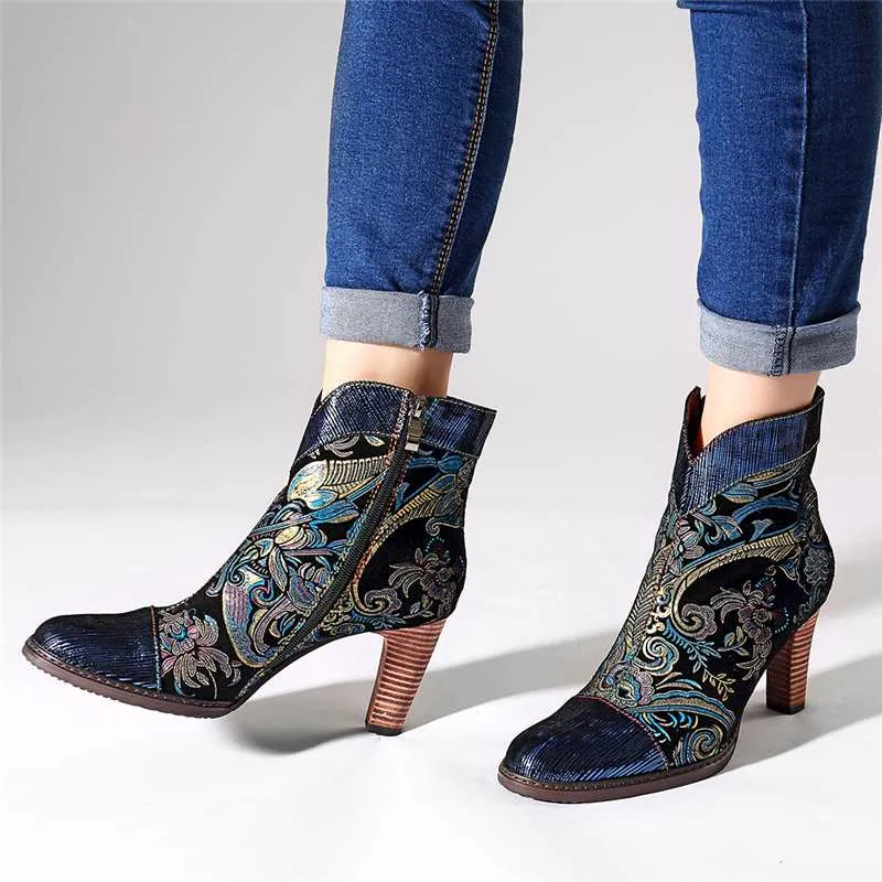 Retro Printed Sheep Women Boots Leather Boots Women Shoes Woman Vintage Block High Heels 8cm Ankle BootsZapatos De Mujer