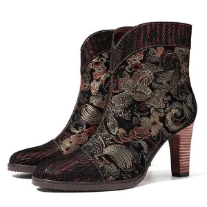 Retro Printed Sheep Women Boots Leather Boots Women Shoes Woman Vintage Block High Heels 8cm Ankle BootsZapatos De Mujer