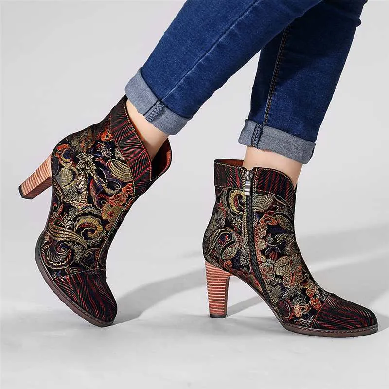 Retro Printed Sheep Women Boots Leather Boots Women Shoes Woman Vintage Block High Heels 8cm Ankle BootsZapatos De Mujer