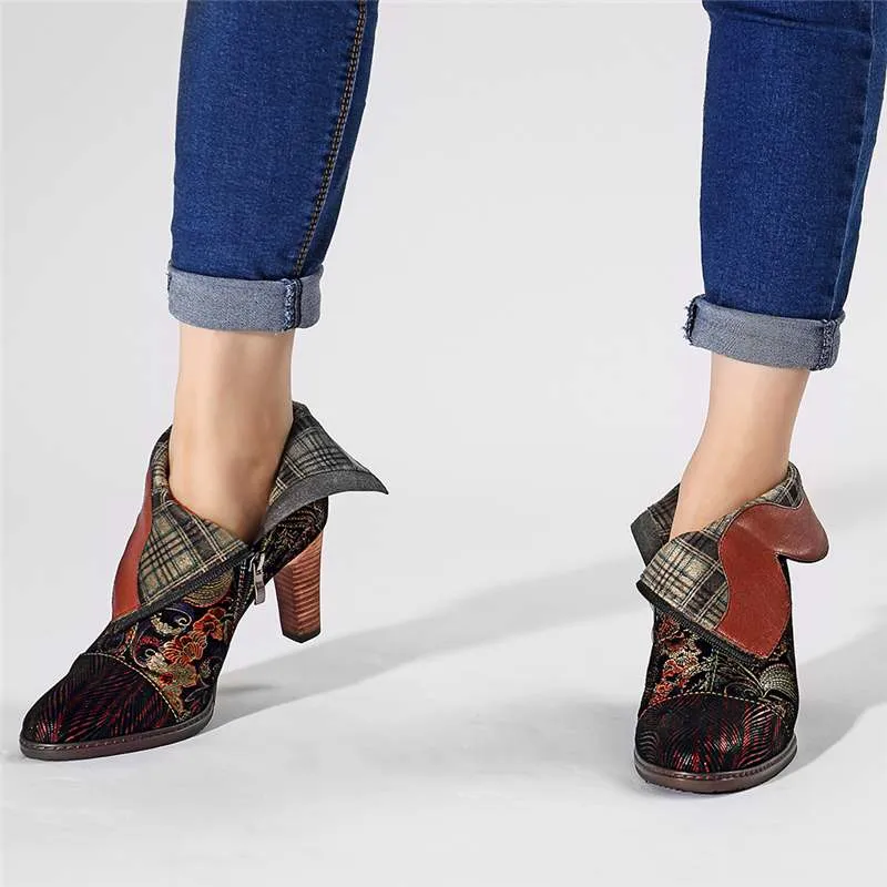 Retro Printed Sheep Women Boots Leather Boots Women Shoes Woman Vintage Block High Heels 8cm Ankle BootsZapatos De Mujer
