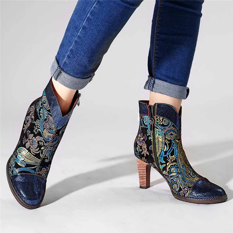 Retro Printed Sheep Women Boots Leather Boots Women Shoes Woman Vintage Block High Heels 8cm Ankle BootsZapatos De Mujer