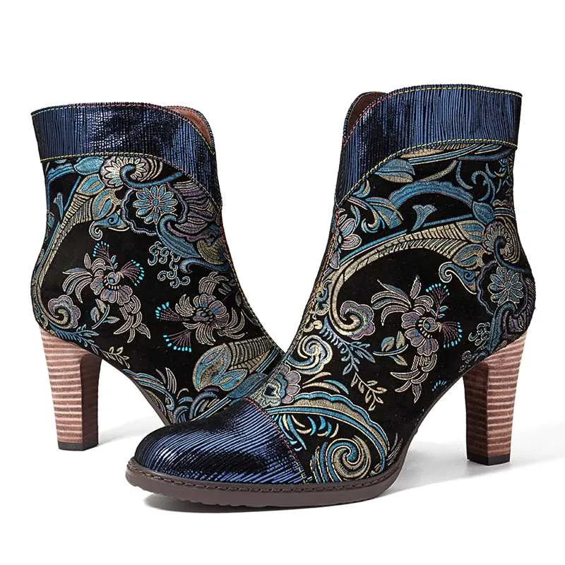 Retro Printed Sheep Women Boots Leather Boots Women Shoes Woman Vintage Block High Heels 8cm Ankle BootsZapatos De Mujer