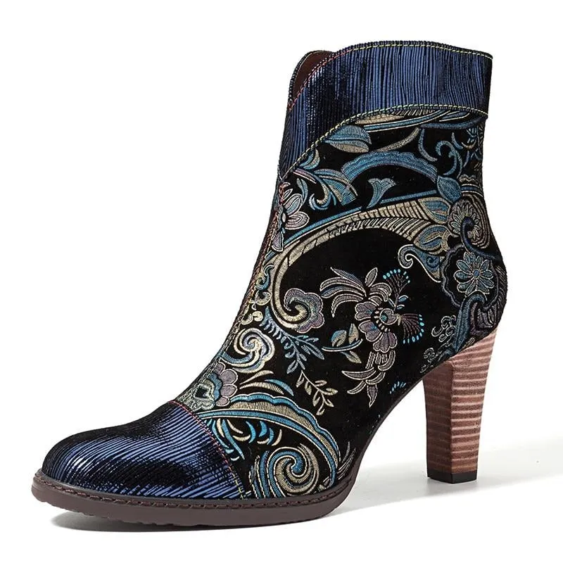 Retro Printed Sheep Women Boots Leather Boots Women Shoes Woman Vintage Block High Heels 8cm Ankle BootsZapatos De Mujer