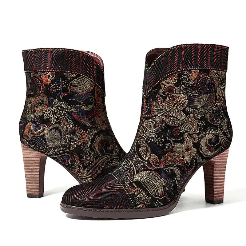 Retro Printed Sheep Women Boots Leather Boots Women Shoes Woman Vintage Block High Heels 8cm Ankle BootsZapatos De Mujer